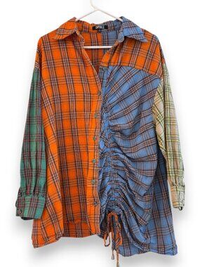 Capsulle Patchwork Plaid Flannel Shirt Oversized Asymmetric Street Wear Medium
